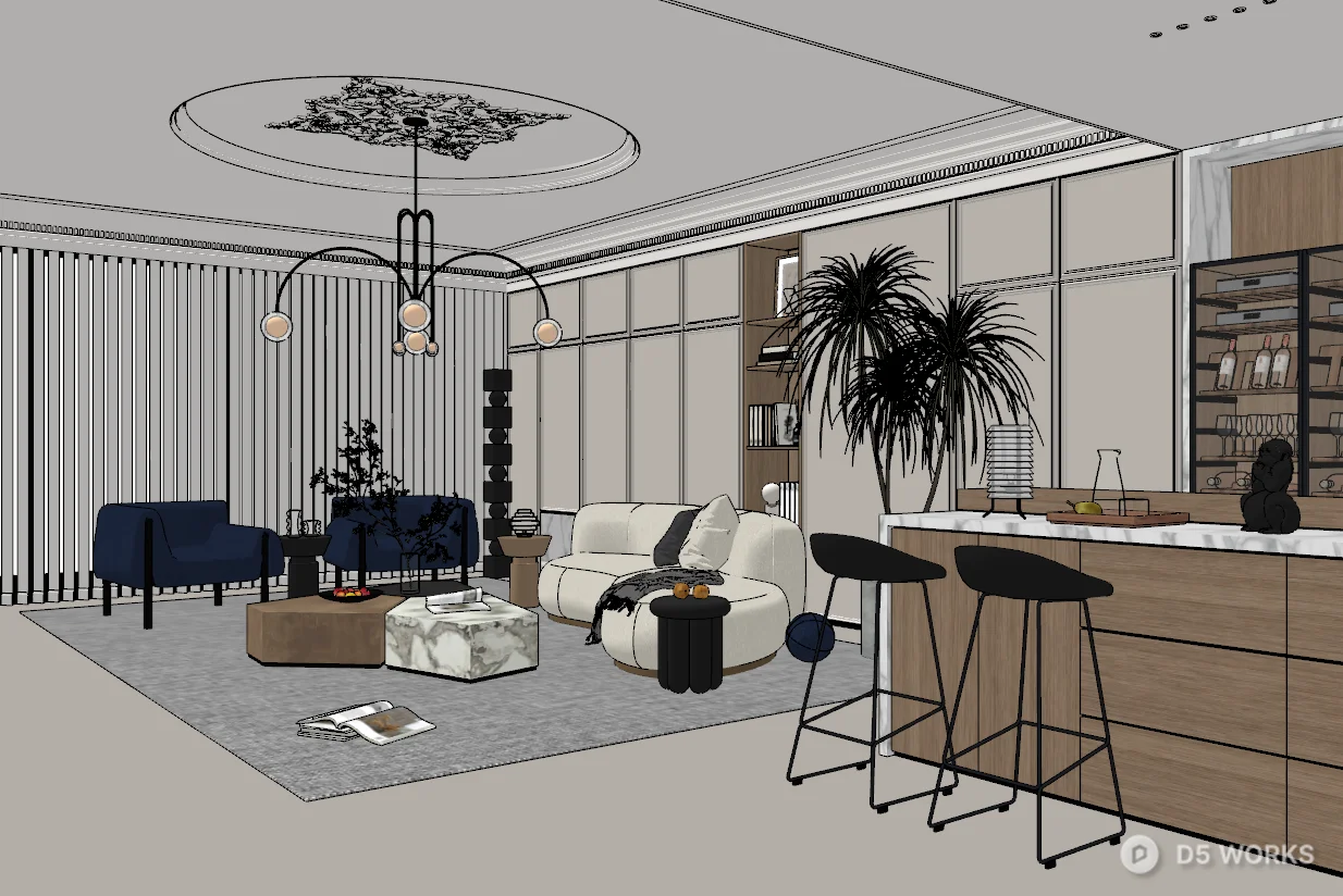 Modern Minimalist Living Dining Space With Integrated Bar 3d model thumbnail 2