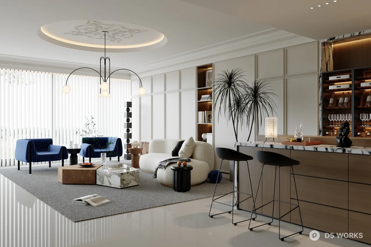 Modern Minimalist Living Dining Space With Integrated Bar 3d model - Image 1