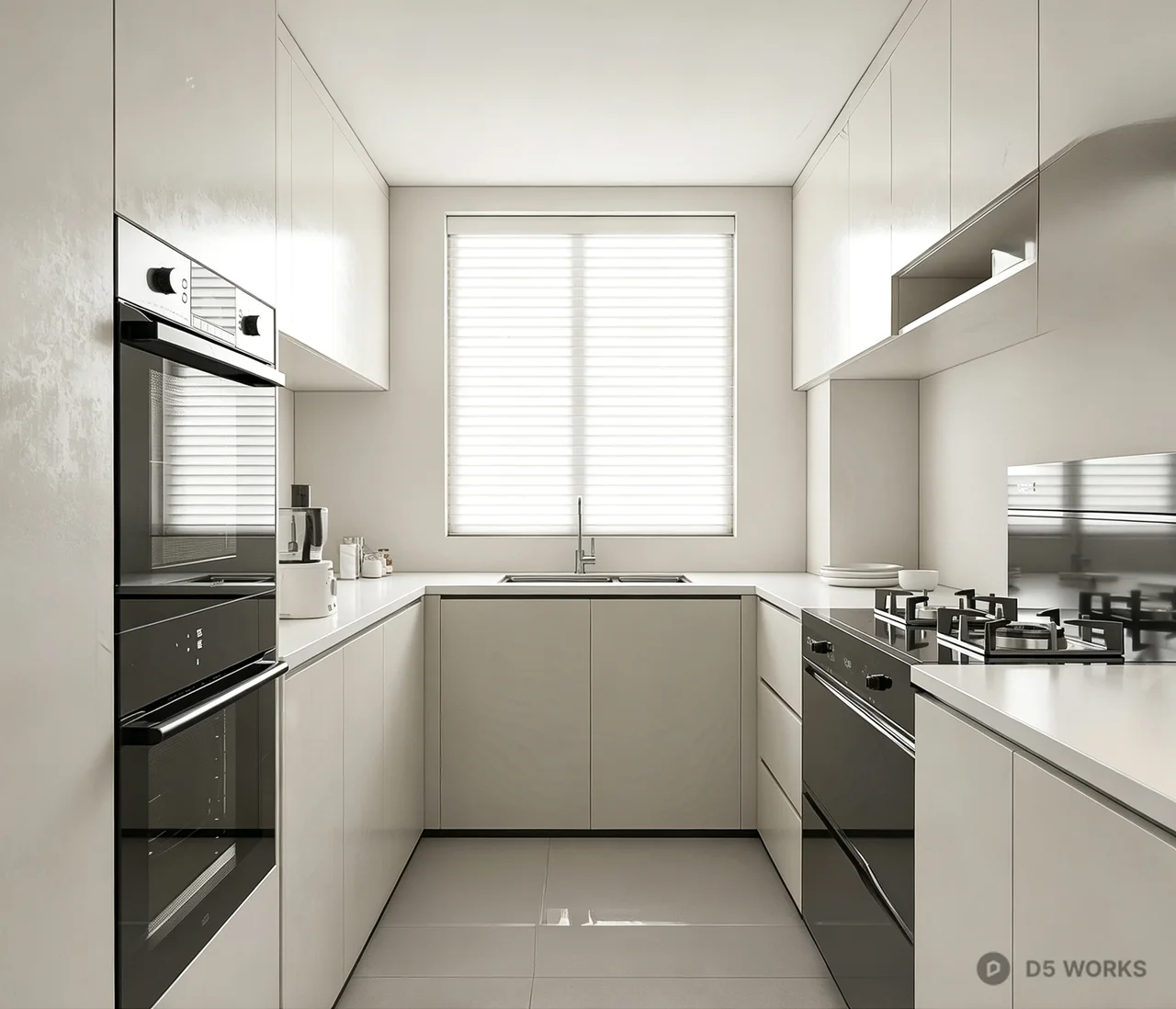 Modern Minimalist Galley Kitchen Interior Scene 3d model - Image 1