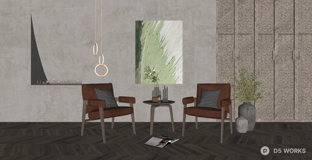Mid-Century Modern Leather Armchair and Side Table Set 3d model thumbnail 2