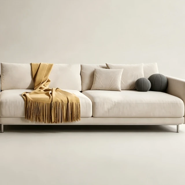 Modern Cream Fabric Sofa with Mustard Throw 3d model