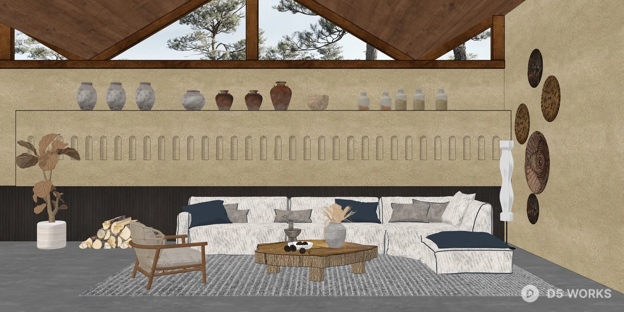 Rustic Wabi-Sabi Living Room Interior Scene 3d model thumbnail 2