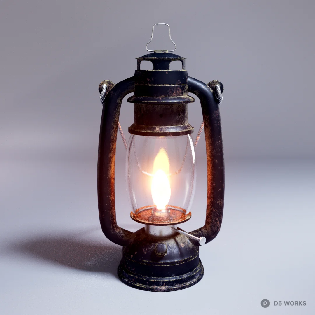 Vintage Rusty Oil Lantern with Realistic Flame 3d model - Image 1