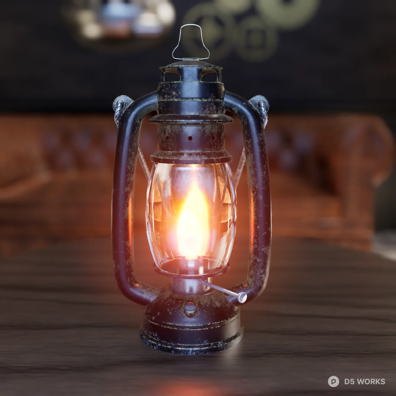 Vintage Rusty Oil Lantern with Realistic Flame 3d model thumbnail 2