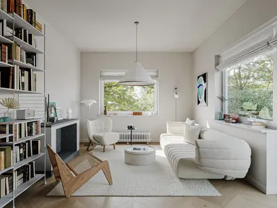 Minimalist Living Room with Curved Sofa and Bookshelf 3d model