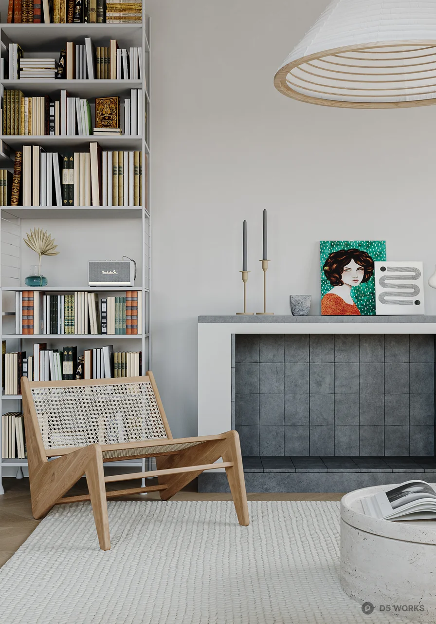 Minimalist Living Room with Curved Sofa and Bookshelf 3d model thumbnail 3