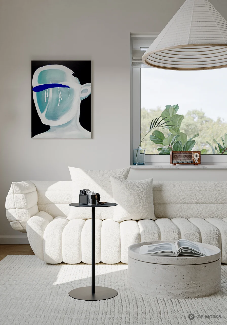 Minimalist Living Room with Curved Sofa and Bookshelf 3d model thumbnail 2