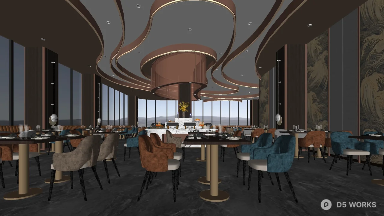 Free Modern Buffet Restaurant With Curved Ceiling Design 3D Model .skp