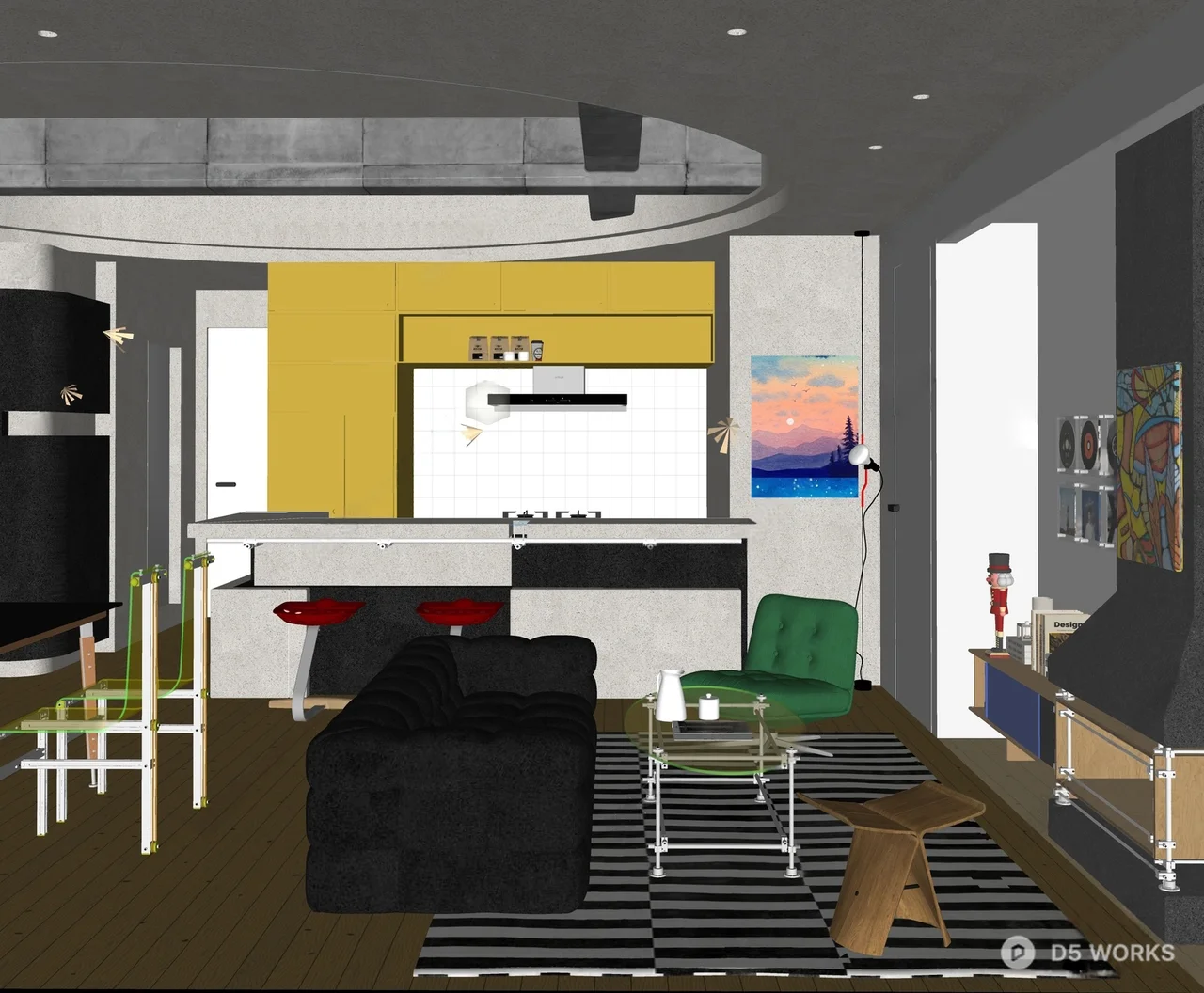 Modern Colorful Open Living And Dining Space 3d model thumbnail 3