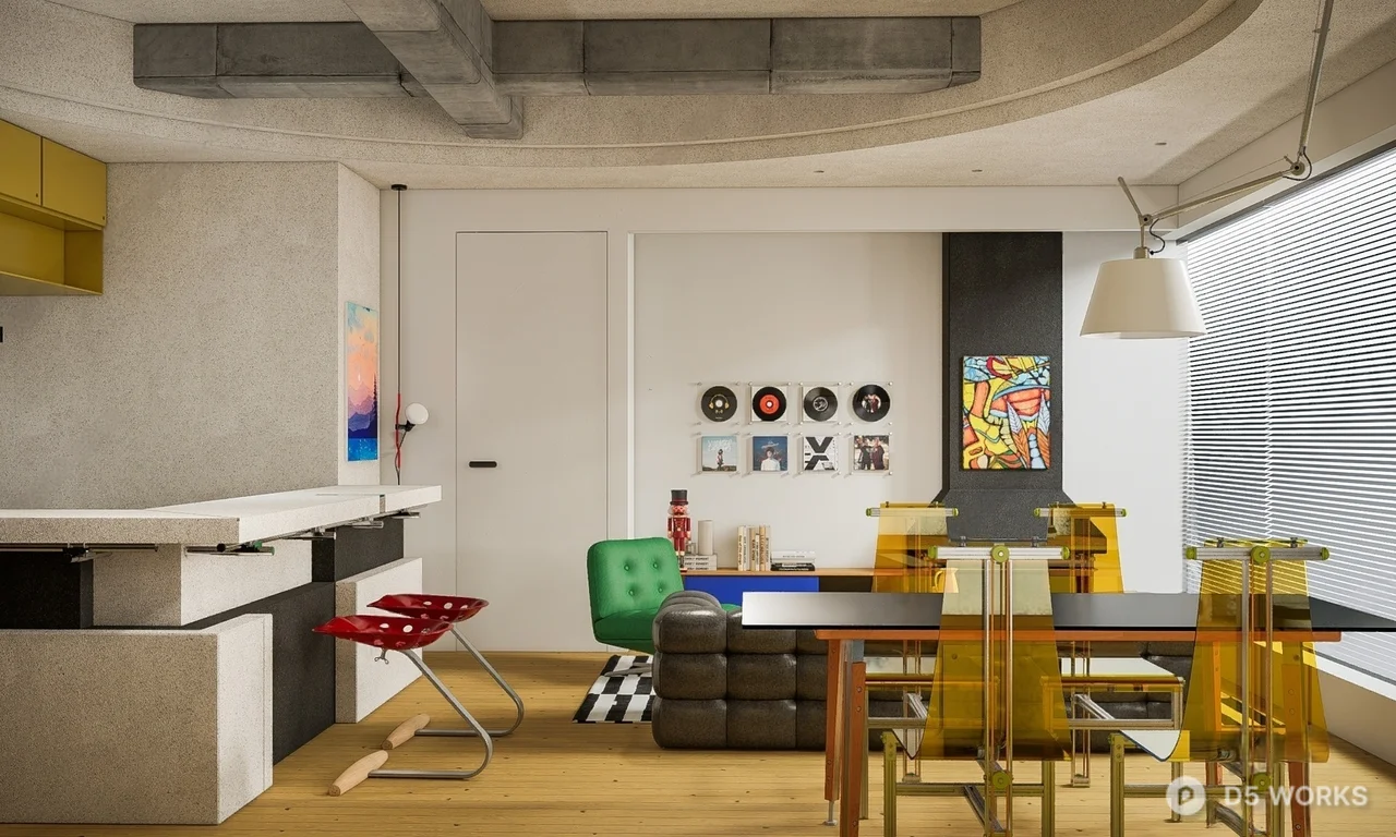 Modern Colorful Open Living And Dining Space 3d model thumbnail 2