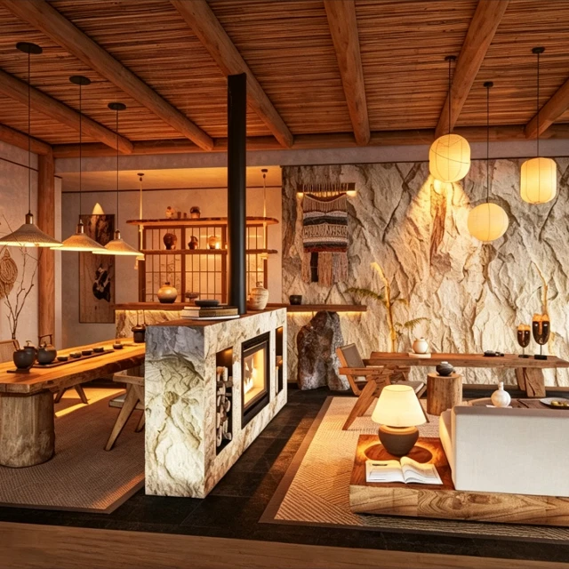 Rustic Wabi-Sabi Interior Living and Dining Scene 3d model