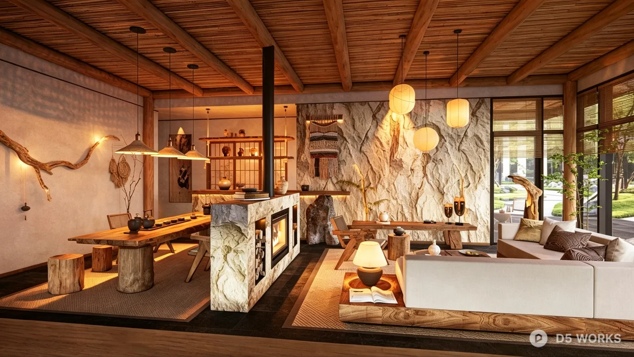 Rustic Wabi-Sabi Interior Living and Dining Scene 3d model - Image 1