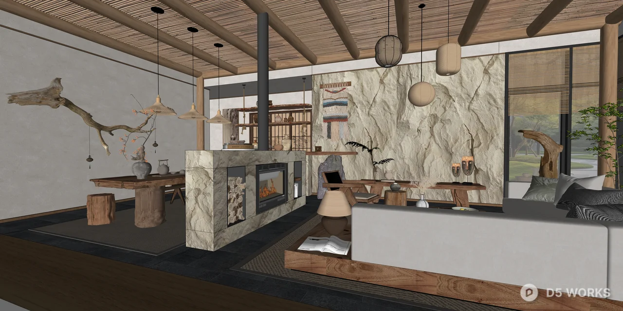 Rustic Wabi-Sabi Interior Living and Dining Scene 3d model thumbnail 2