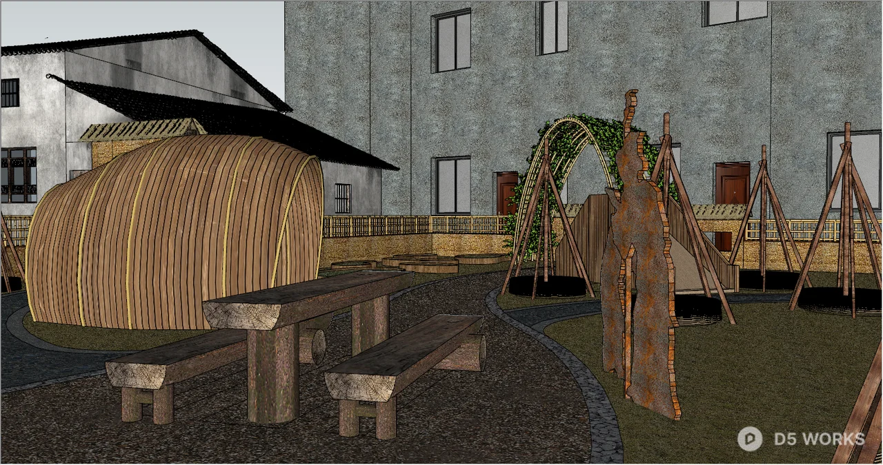 Rustic Villa Courtyard With Arched Trellises 3d model thumbnail 2