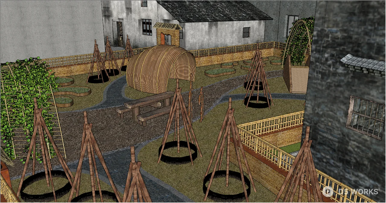 Rustic Villa Courtyard With Arched Trellises 3d model thumbnail 3