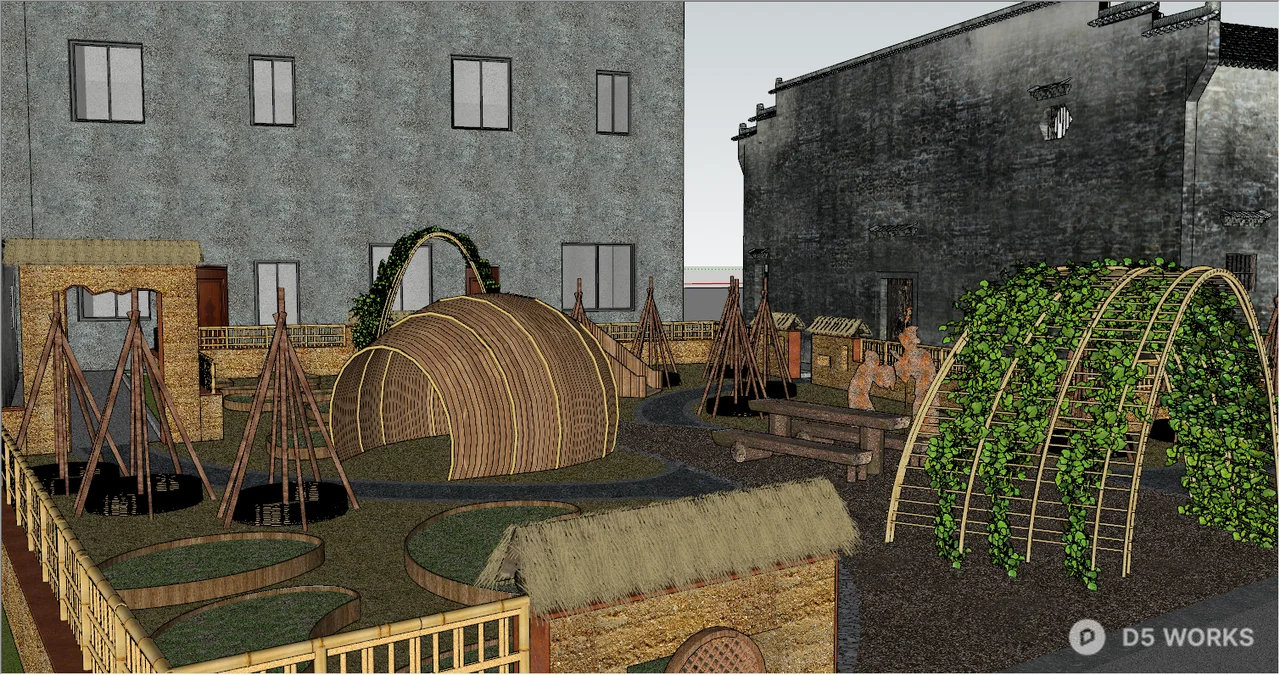 Rustic Villa Courtyard With Arched Trellises 3d model - Image 1