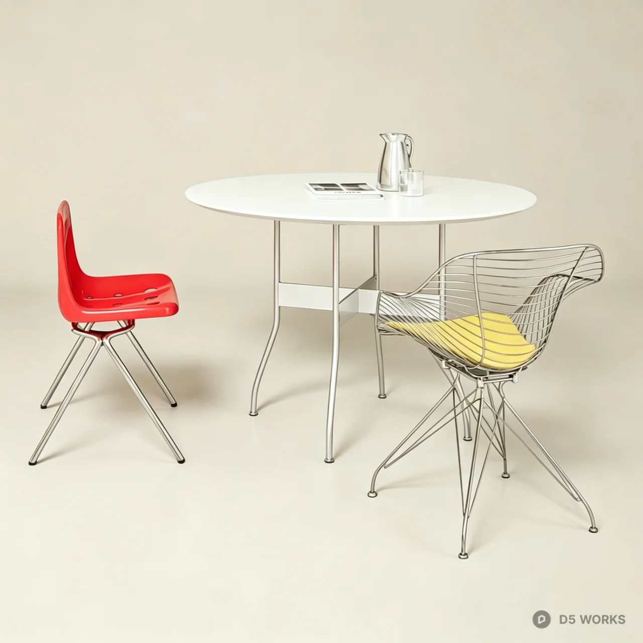 Mid-Century Modern Dining Set with Wire and Plastic Chairs 3d model - Image 1