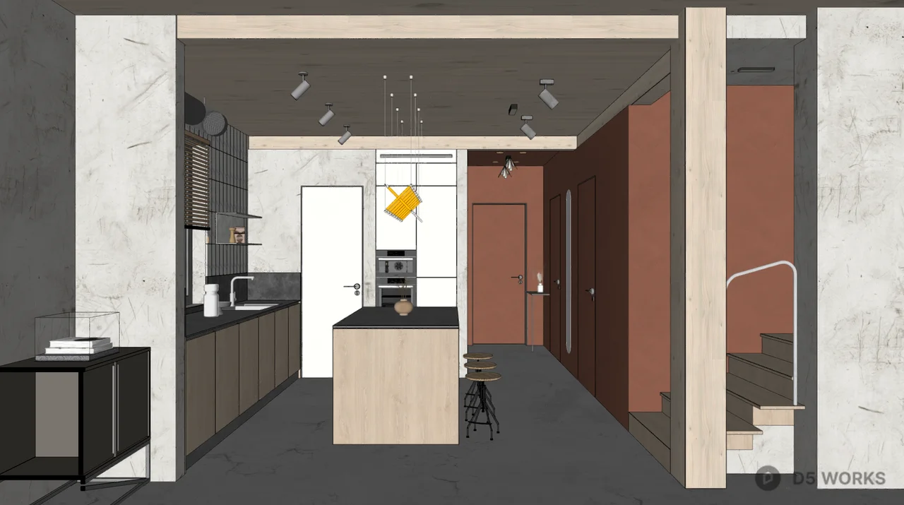 Modern Minimalist Open Kitchen With Wooden Ceiling 3d model thumbnail 3