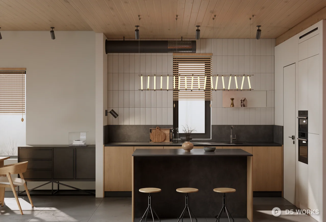 Modern Minimalist Open Kitchen With Wooden Ceiling 3d model - Image 1