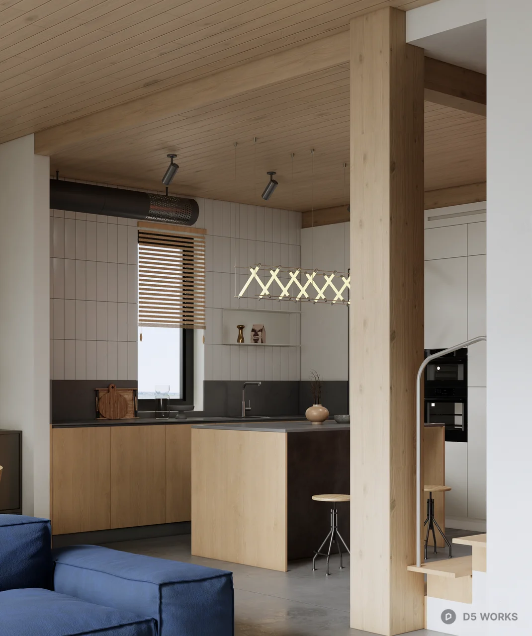 Modern Minimalist Open Kitchen With Wooden Ceiling 3d model thumbnail 2