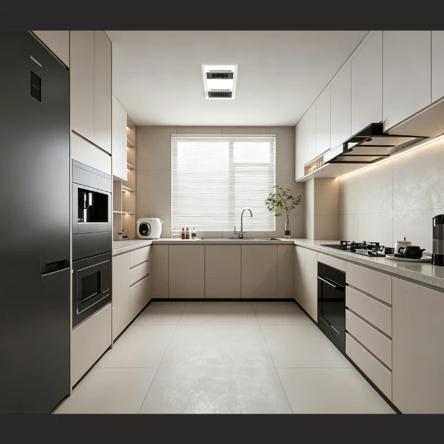 Modern Minimalist Galley Kitchen Interior Scene 3d model