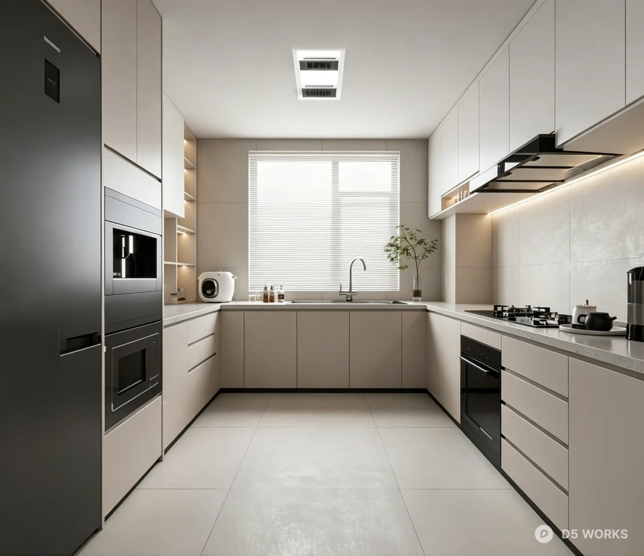 Modern Minimalist Galley Kitchen Interior Scene 3d model - Image 1
