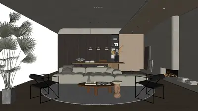 Minimalist Living Room With Fireplace And Plant Accent 3d model
