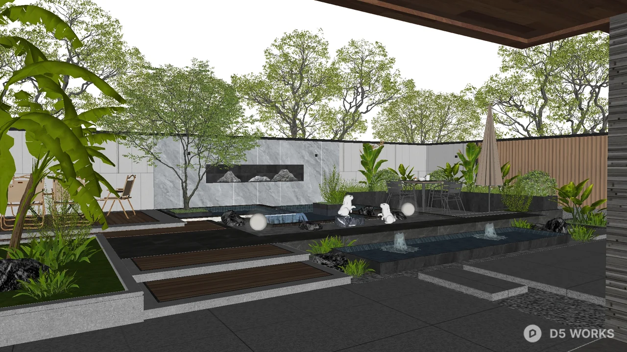 Modern Courtyard Garden with Water Feature 3d model - Image 1