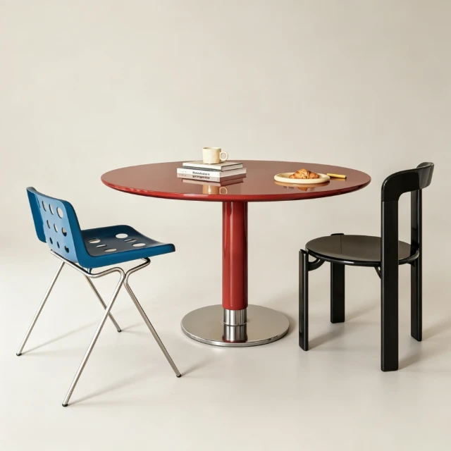 Modern Retro Dining Set with Red Pedestal Table 3d model