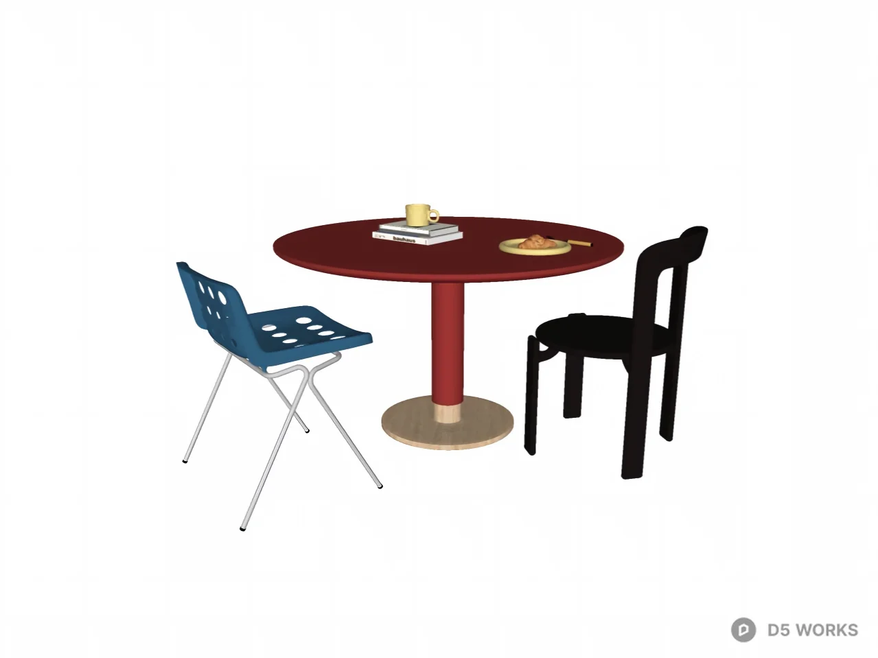 Modern Retro Dining Set with Red Pedestal Table 3d model thumbnail 2