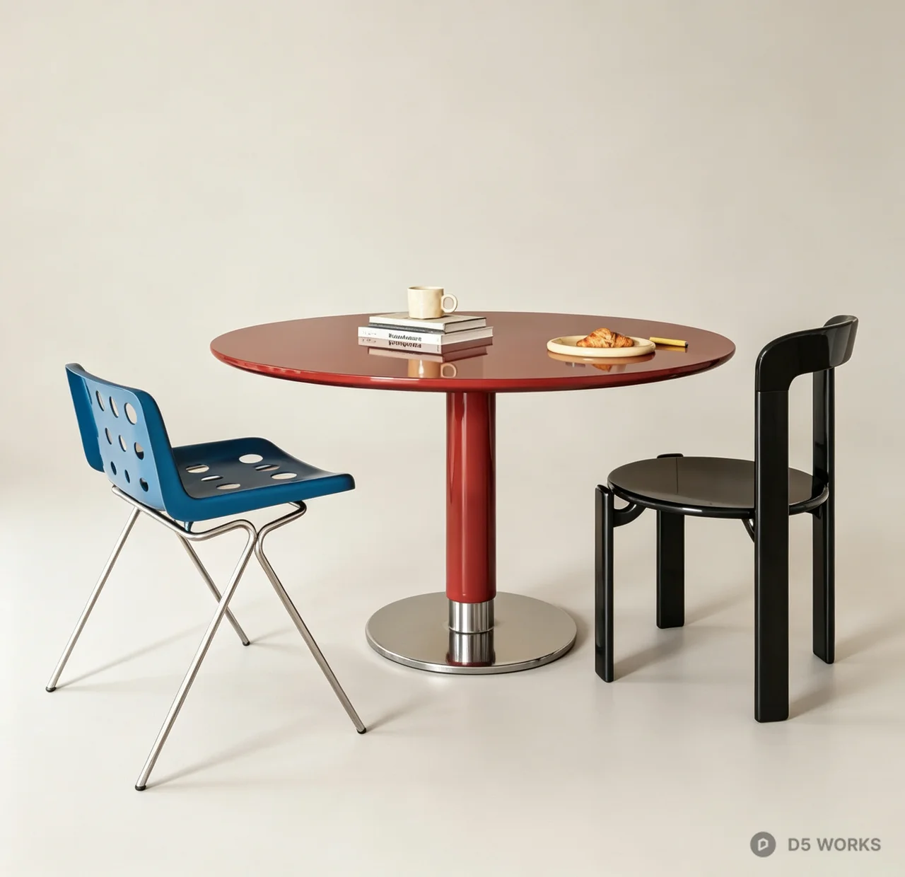 Modern Retro Dining Set with Red Pedestal Table 3d model - Image 1
