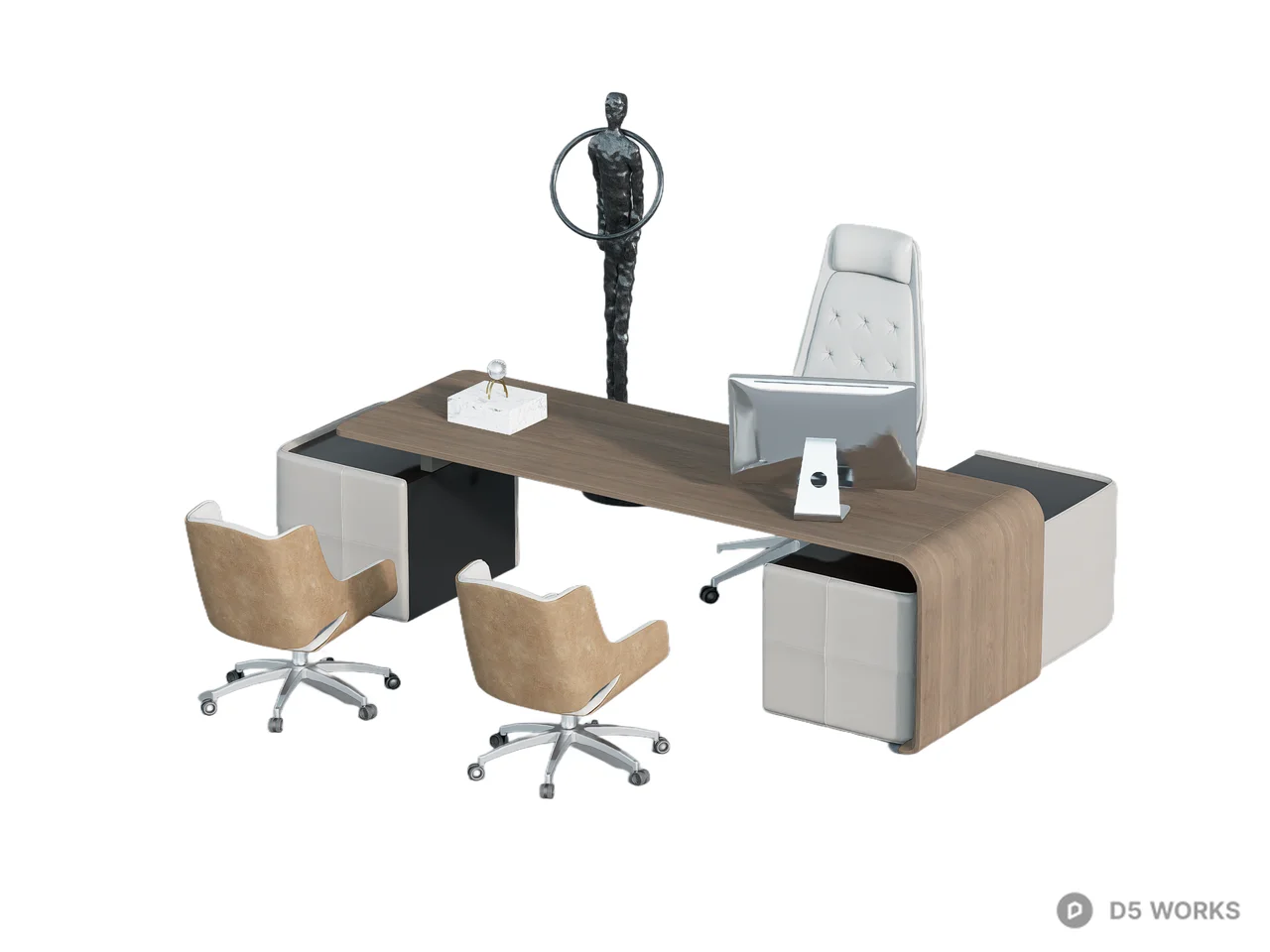 Modern Executive Desk With Integrated Storage And Ergonomic Chairs 3d model - Image 1