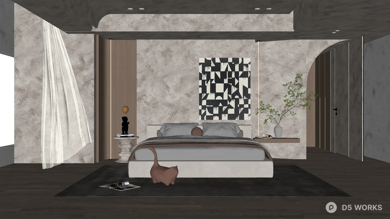 Modern Minimalist Bedroom with Geometric Art 3d model - Image 1