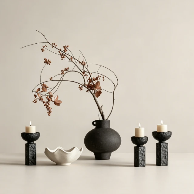 Wabi-Sabi Ceramic Decor Set with Vase and Candle Holders 3d model