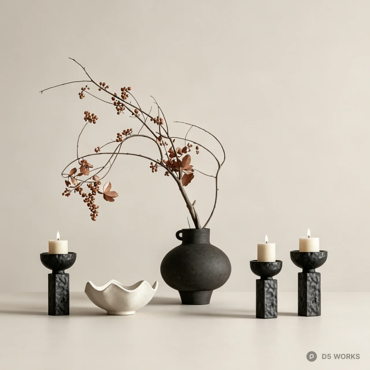 Wabi-Sabi Ceramic Decor Set with Vase and Candle Holders 3d model - Image 1