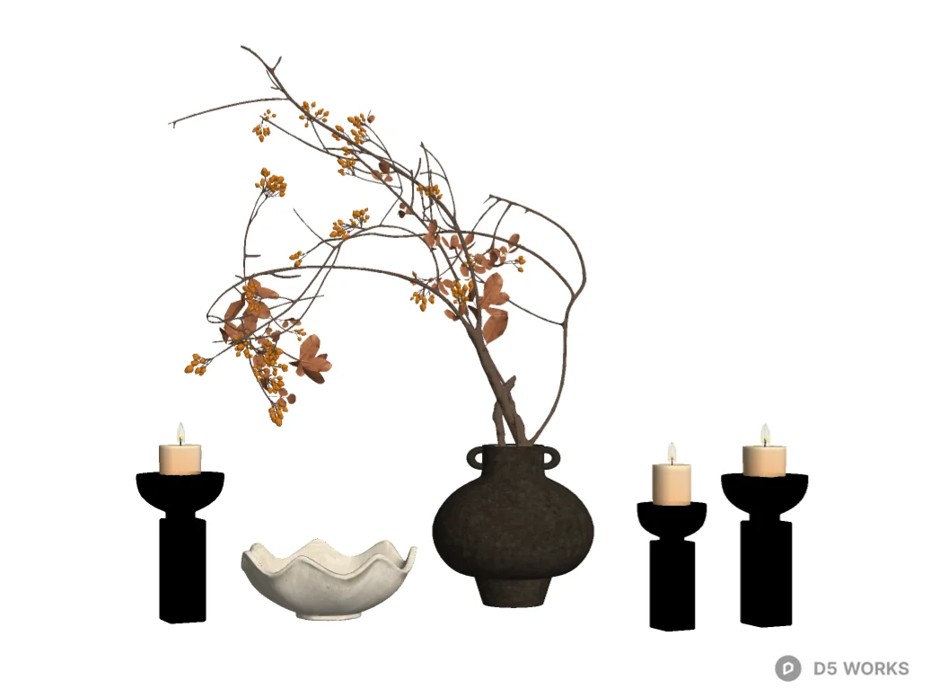 Wabi-Sabi Ceramic Decor Set with Vase and Candle Holders 3d model thumbnail 2