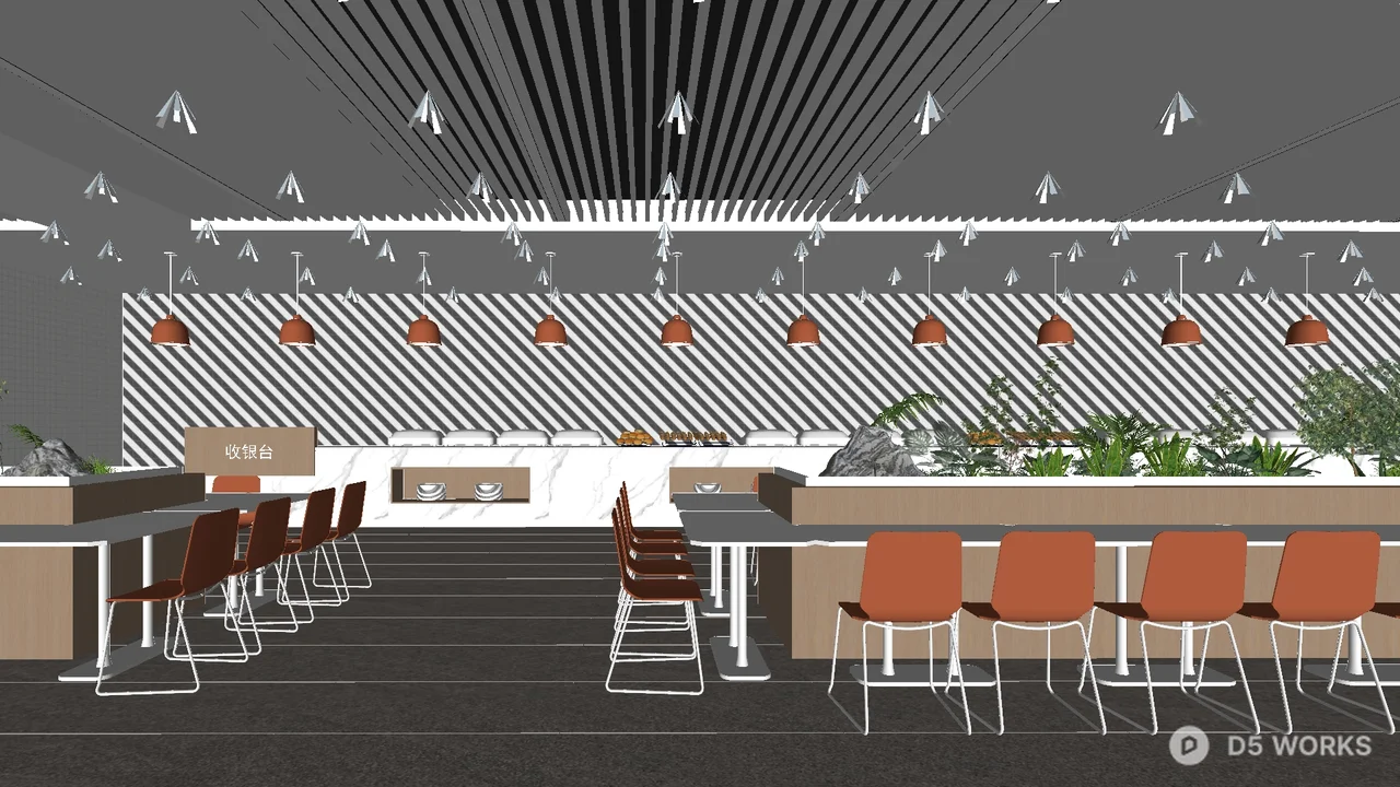 Modern Cafeteria Space with Geometric Ceiling 3d model - Image 1
