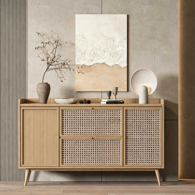 Modern Japandi Rattan Decorative Cabinet and Decor Set 3d model