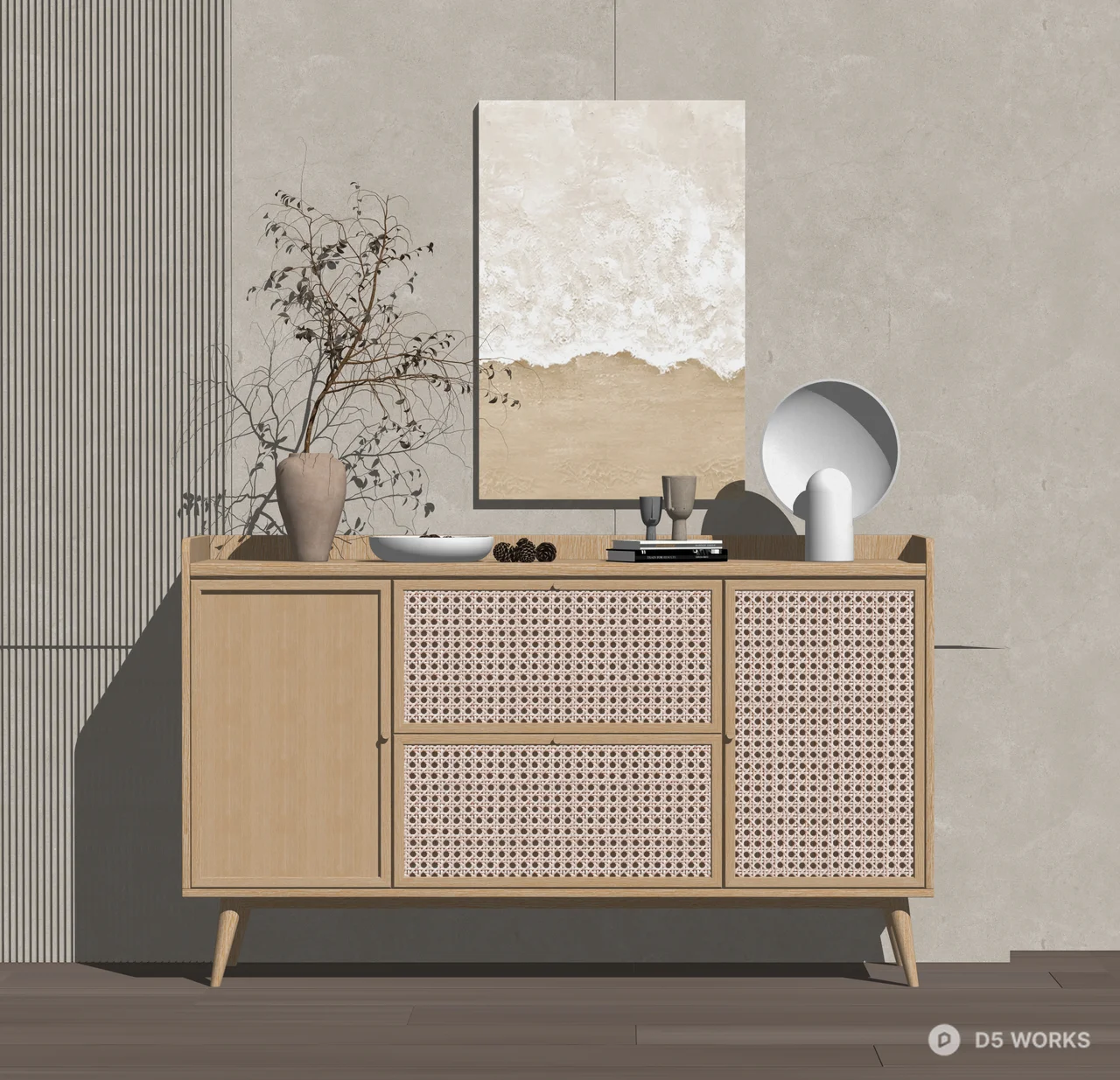 Modern Japandi Rattan Decorative Cabinet and Decor Set 3d model thumbnail 2