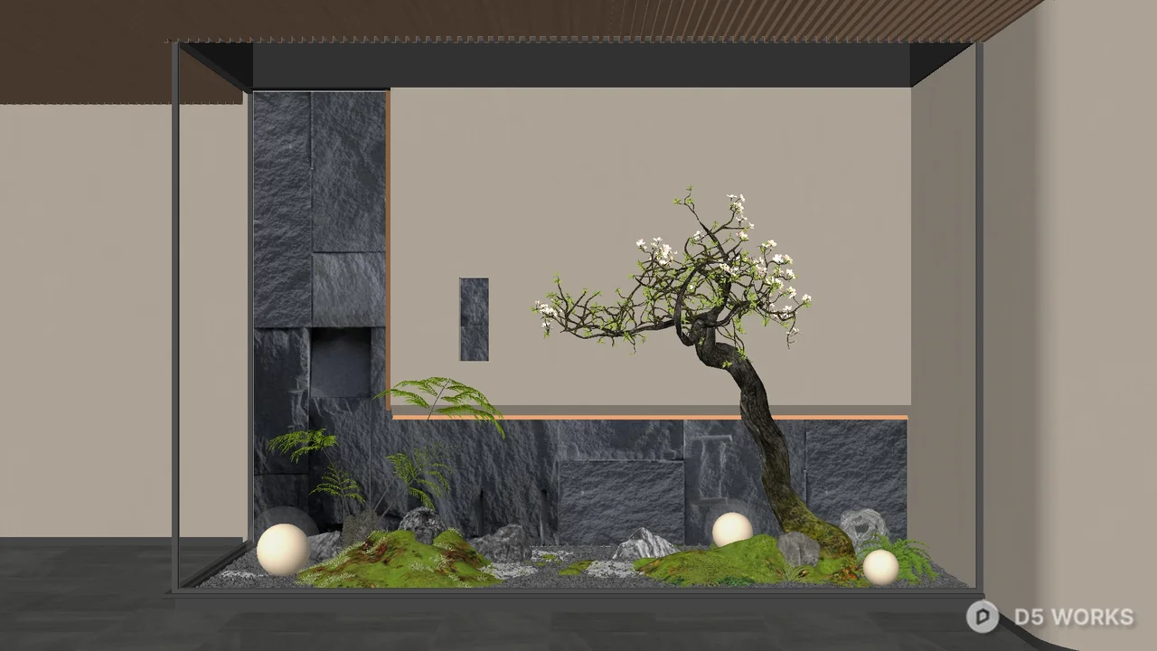 Minimalist Courtyard Landscape with Bonsai and Stone Wall 3d model - Image 1