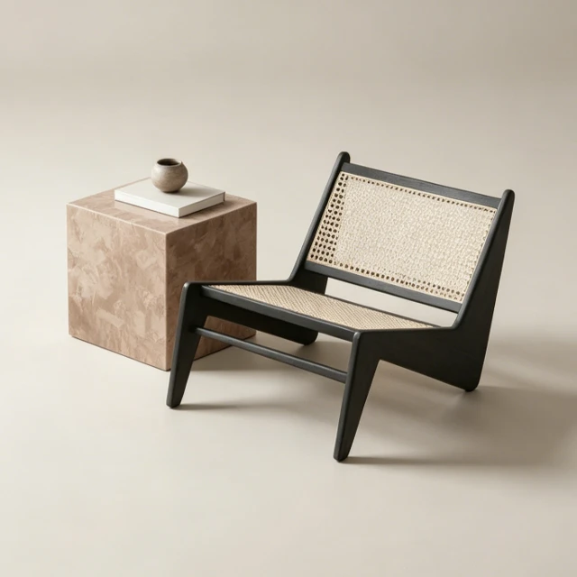 Modern Black Wood and Rattan Lounge Chair 3d model
