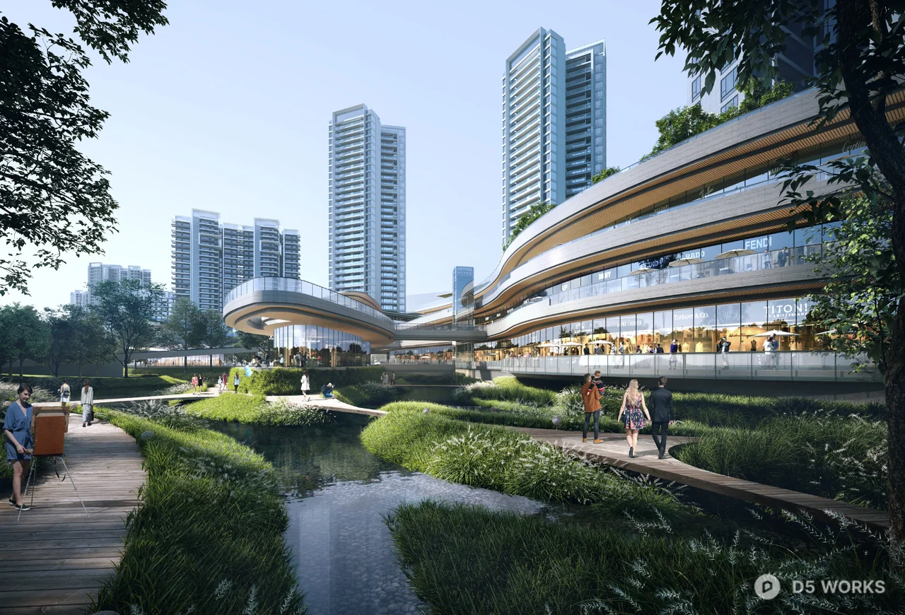 Urban Commercial Landscape with Green Corridors 3d model thumbnail 3