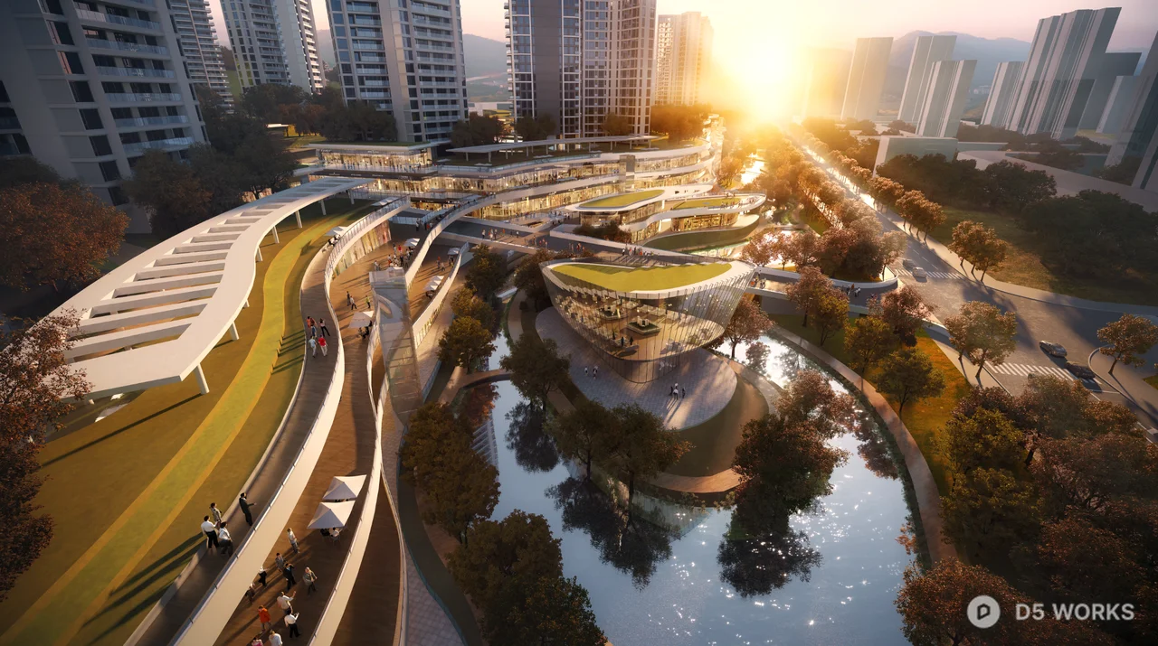 Urban Commercial Landscape with Green Corridors 3d model thumbnail 2