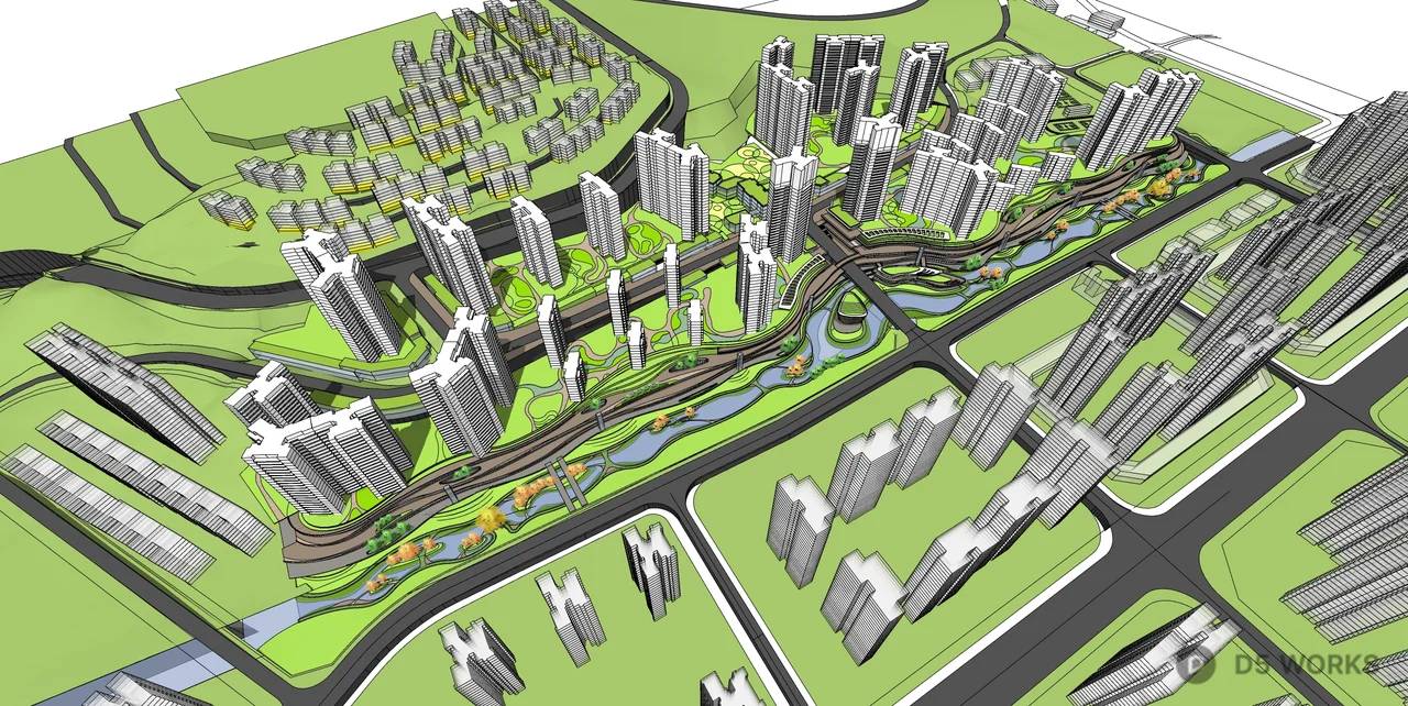 Urban Commercial Landscape with Green Corridors 3d model thumbnail 4