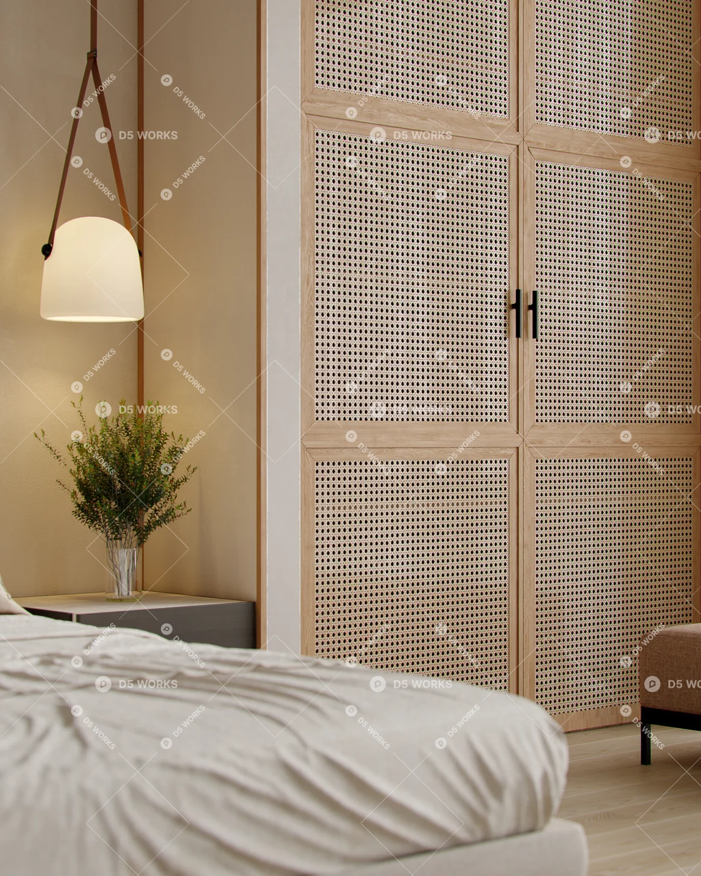 Minimalist Bedroom with Textured Headboard 3d model thumbnail 6