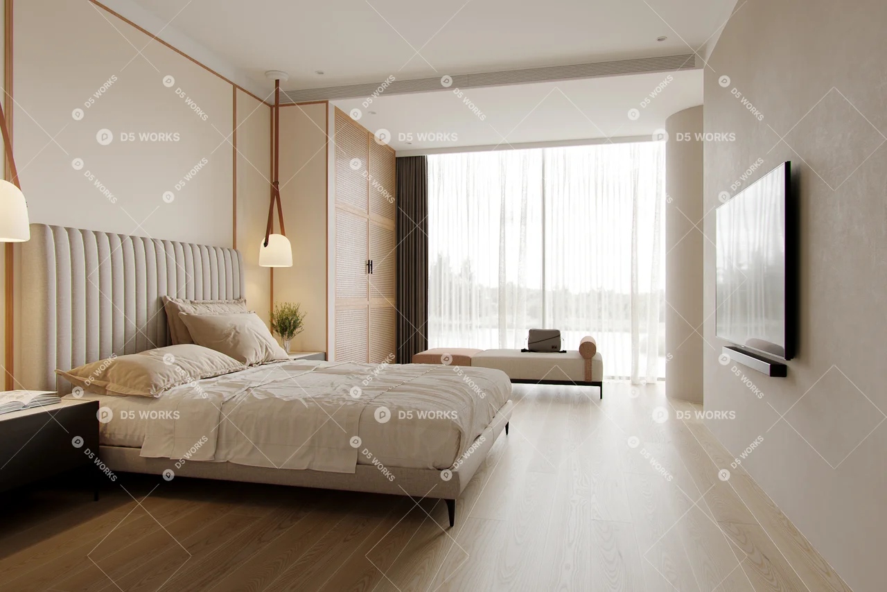 Minimalist Bedroom with Textured Headboard 3d model thumbnail 5