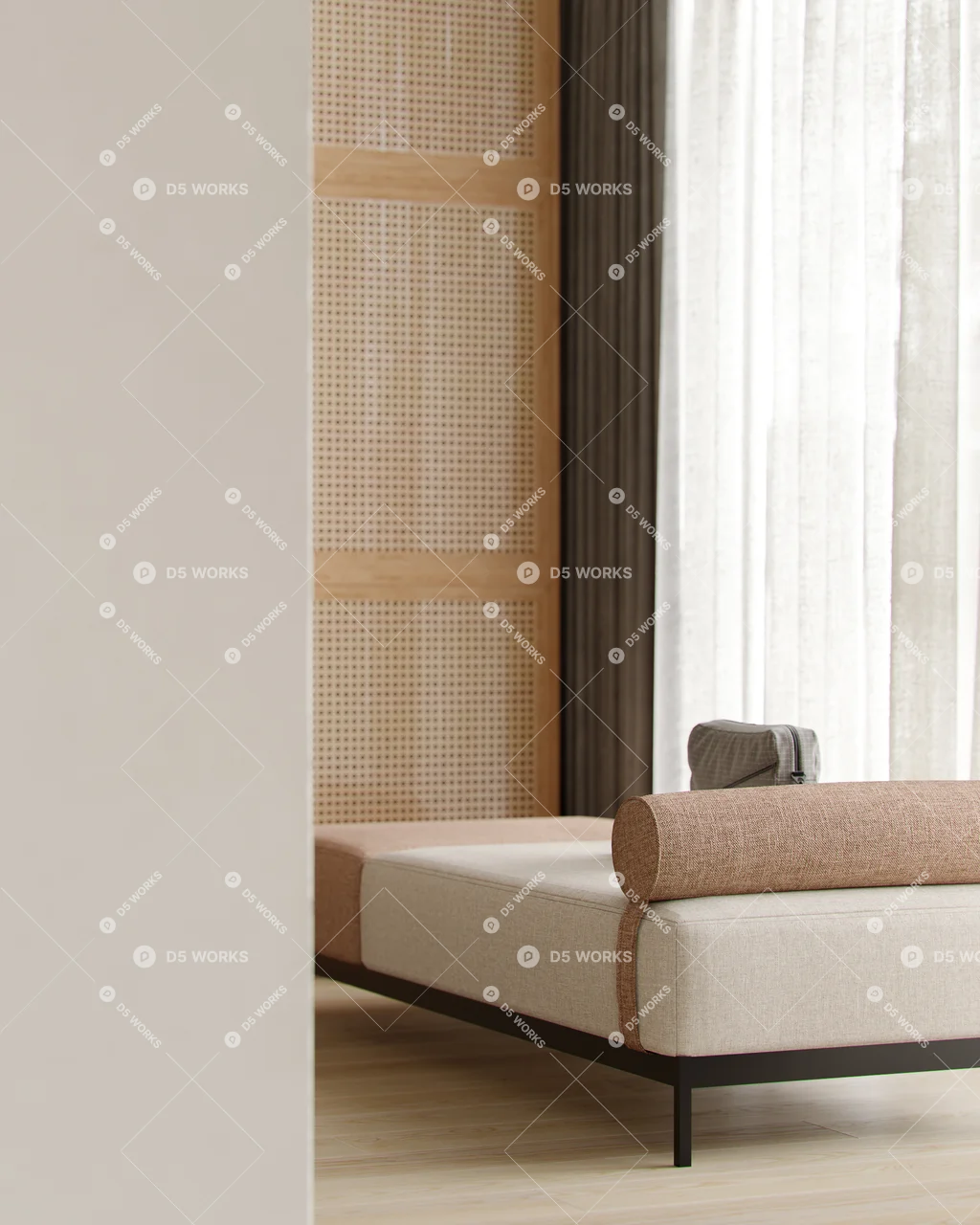 Minimalist Bedroom with Textured Headboard 3d model thumbnail 4