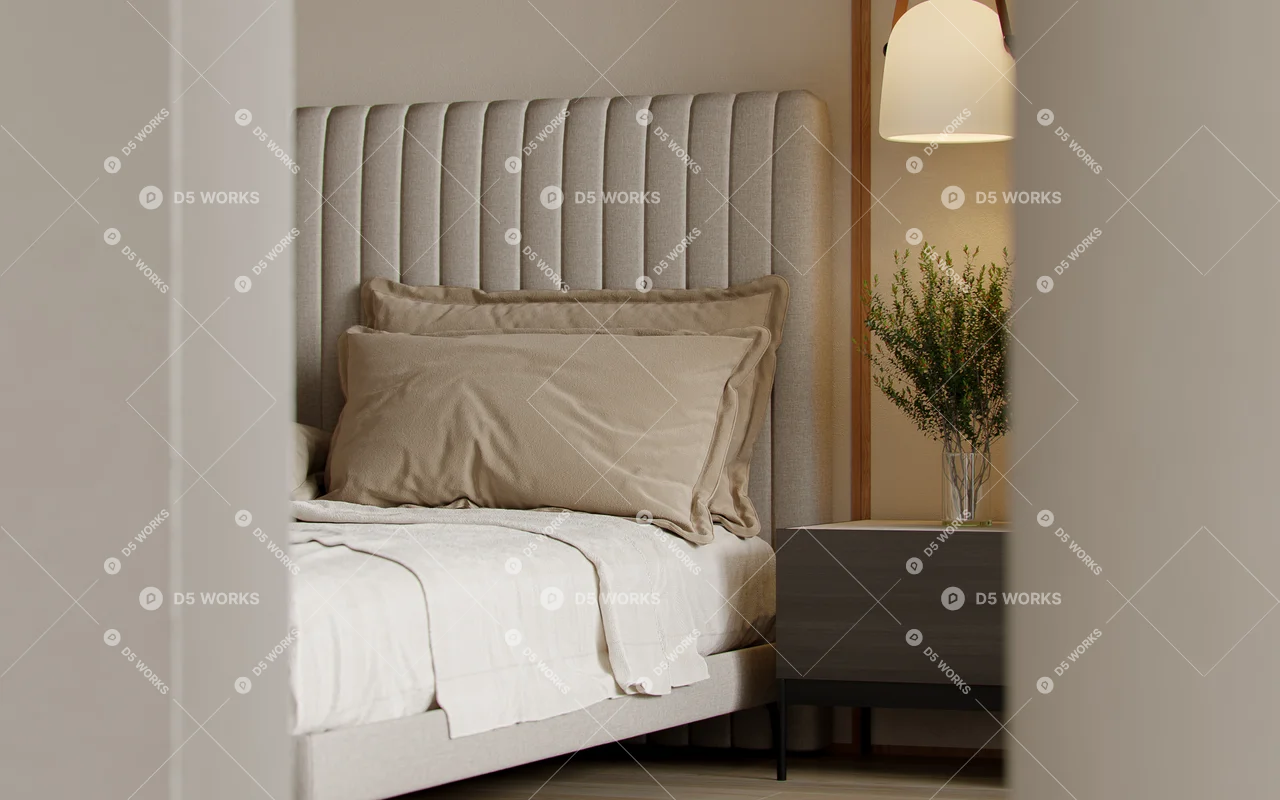 Minimalist Bedroom with Textured Headboard 3d model thumbnail 3