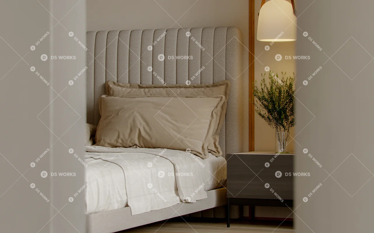 Minimalist Bedroom with Textured Headboard 3d model thumbnail 2