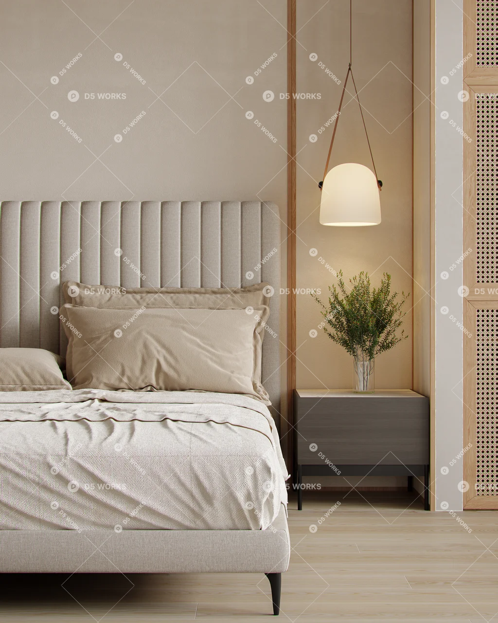 Minimalist Bedroom with Textured Headboard 3d model thumbnail 7